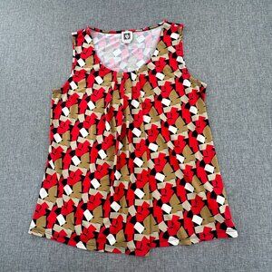 Anne Klein Blouse Small Scoop Neck Pleated Front Sleeveless Red Black Tan Relaxe